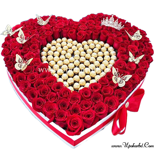 Large Heart Shaped Box With Red Roses and Chocolates